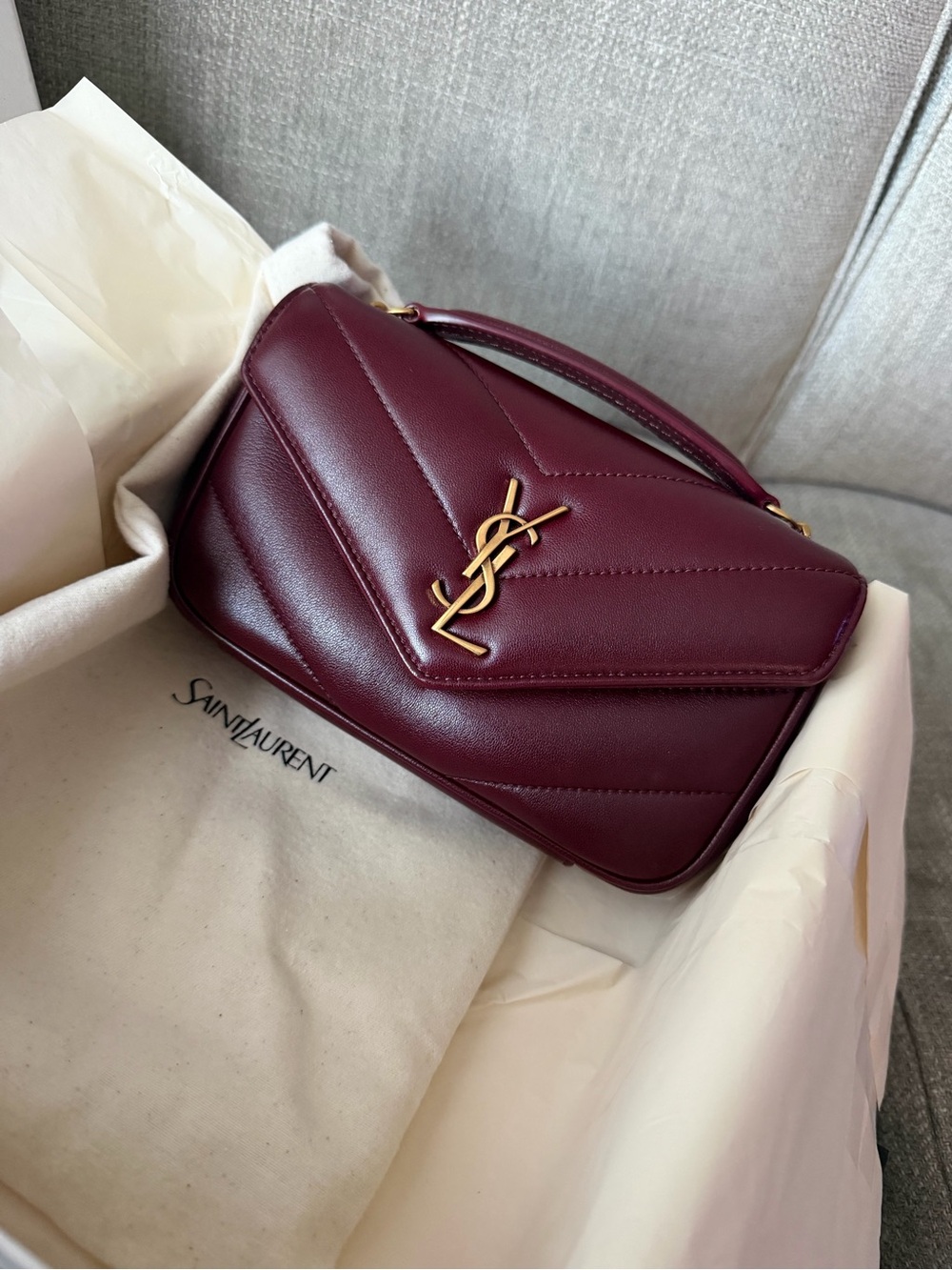 Saint Laurent Deep Burgundy Quilted Leather Shoulder Bag with Gold Logo